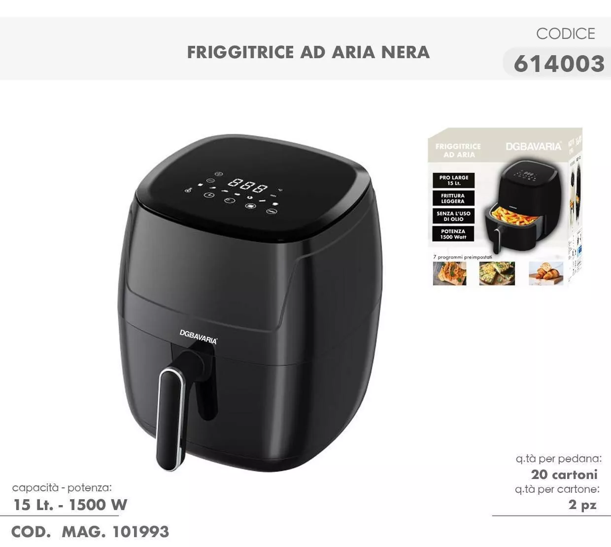 DGBAVARIA Friggitrice Aria 15 Litri 1500w 7 Programmi Digitali